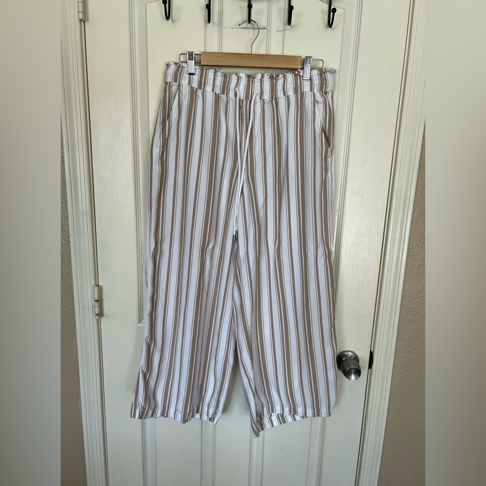 Striped Wide Leg Pants Medium Tan White Lyocell Pull On Coastal